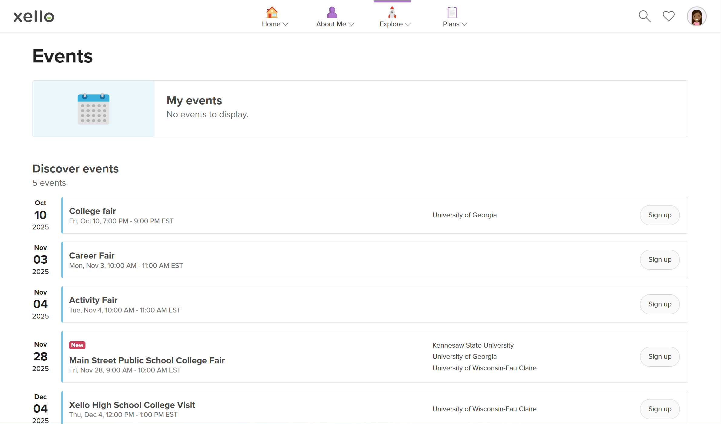 Student account in Xello open to the Events page. There are 5 upcoming events listed. Each event has a Sign up button.